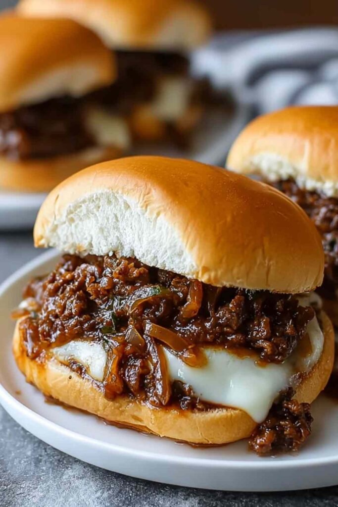 Close-up of French Onion Beef Sloppy Joes with caramelized onions and melted Swiss cheese on a toasted brioche bun