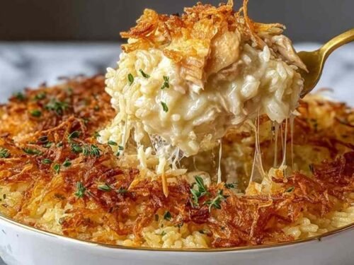 A baking dish of golden French Onion Chicken Rice Bake topped with melted cheese and crispy onions.