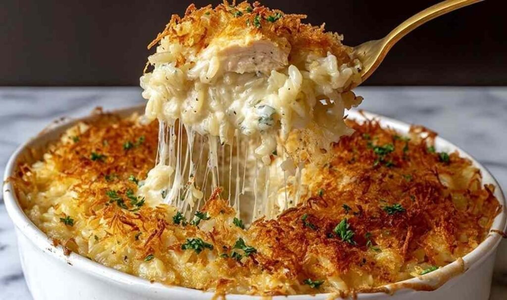 A baking dish of golden French Onion Chicken Rice Bake topped with melted cheese and crispy onions.
