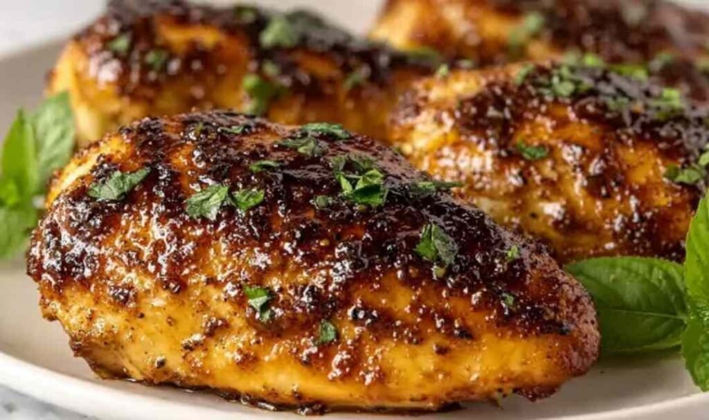 Garlic Brown Sugar Chicken cooking in a skillet with a sticky brown glaze