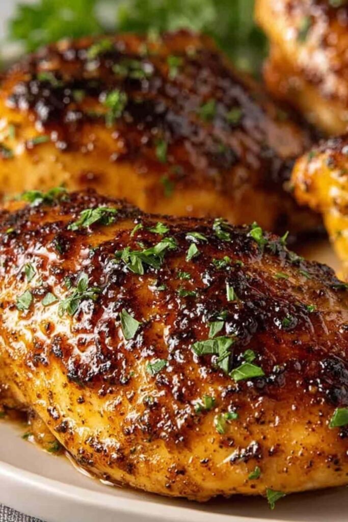 Garlic Brown Sugar Chicken cooking in a skillet with a sticky brown glaze