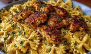 Garlic Butter Chicken with Bowtie Pasta A bowl of garlic butter chicken with bowtie pasta garnished with fresh parsley on a wooden table