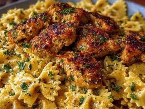 A bowl of garlic butter chicken with bowtie pasta garnished with fresh parsley on a wooden table
