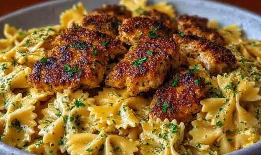 A bowl of garlic butter chicken with bowtie pasta garnished with fresh parsley on a wooden table