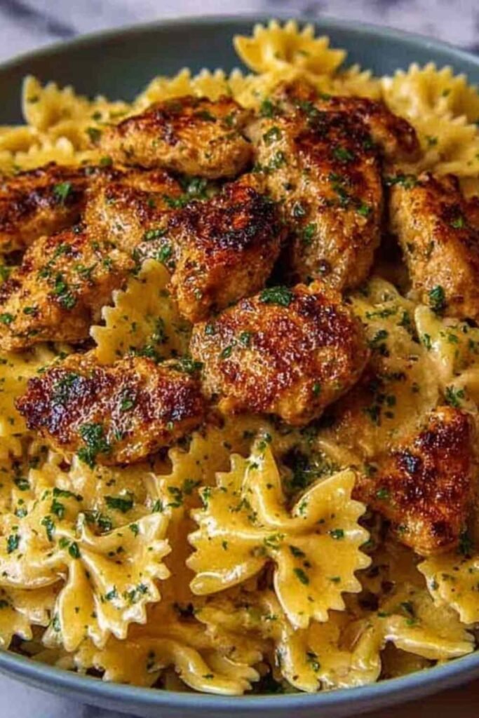 A bowl of garlic butter chicken with bowtie pasta garnished with fresh parsley on a wooden table