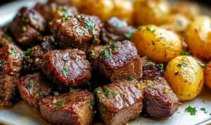 Garlic Butter Steak Bites and Potatoes cooking in a cast iron skillet