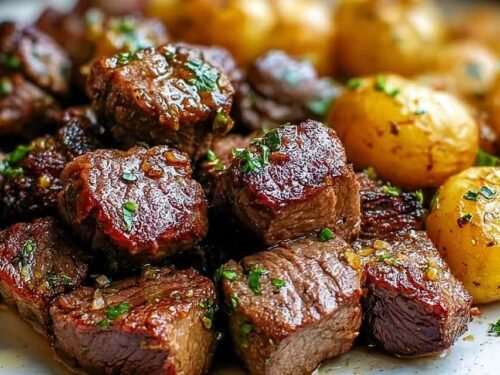 Garlic Butter Steak Bites and Potatoes cooking in a cast iron skillet