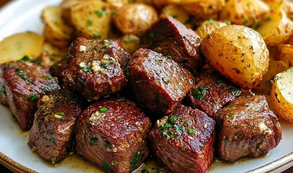 Garlic Butter Steak Bites and Potatoes cooking in a cast iron skillet