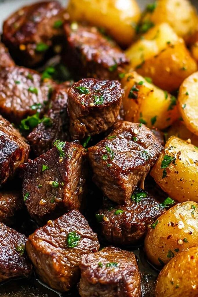 Garlic Butter Steak Bites and Potatoes cooking in a cast iron skillet