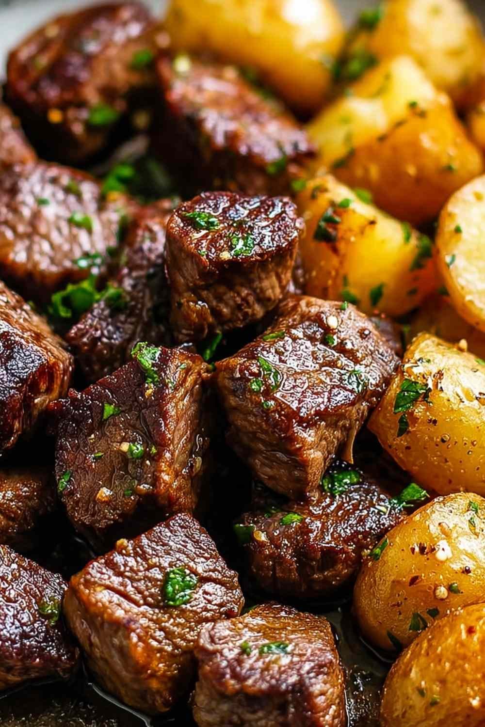 Garlic Butter Steak Bites and Potatoes cooking in a cast iron skillet