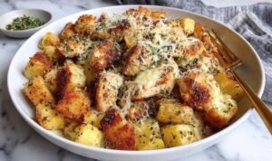 Garlic Parmesan Chicken and Potatoes on a white platter with parsley garnish