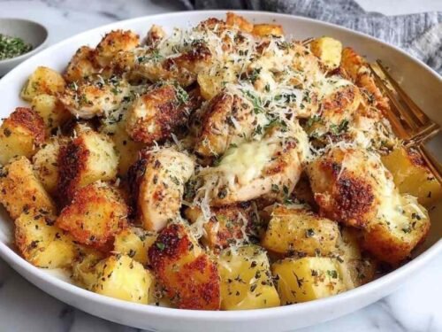 Garlic Parmesan Chicken and Potatoes on a white platter with parsley garnish