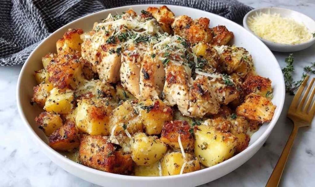 Garlic Parmesan Chicken and Potatoes on a white platter with parsley garnish