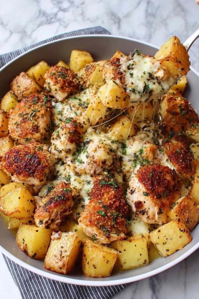 Garlic Parmesan Chicken and Potatoes on a white platter with parsley garnish