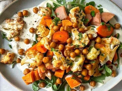 Glow Bowl Recipe with roasted vegetables and tahini sauce