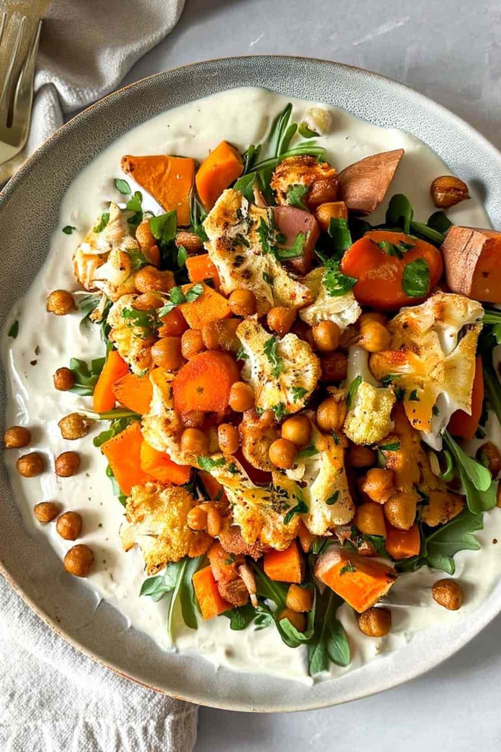 Glow Bowl Recipe with roasted vegetables and tahini sauce
