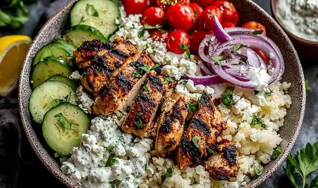 Greek Chicken Bowls in a white bowl with fresh vegetables and feta cheese