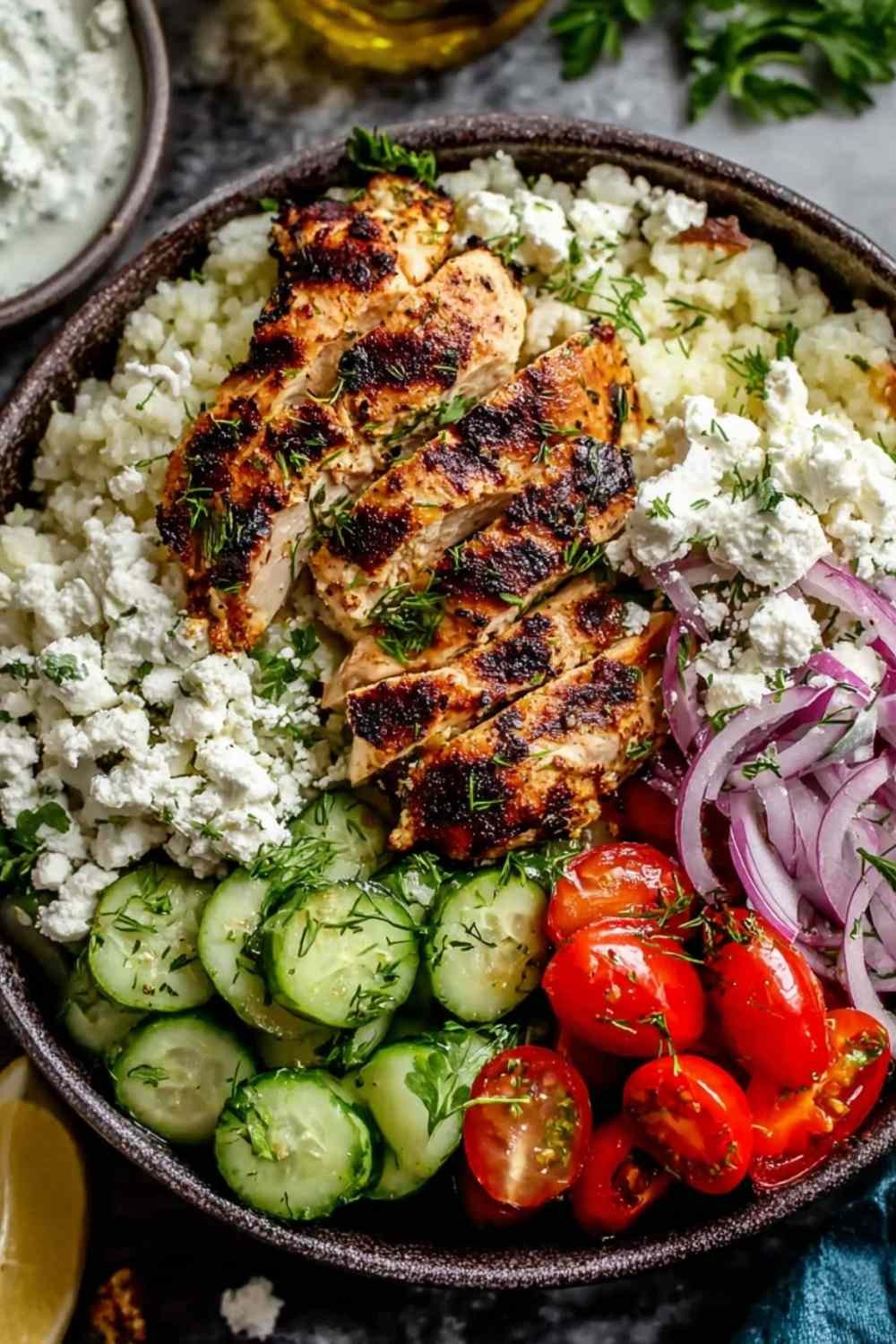 Greek Chicken Bowls in a white bowl with fresh vegetables and feta cheese