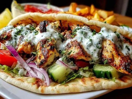Assembled Greek Chicken Gyros with marinated chicken strips, tzatziki sauce, lettuce, tomatoes, and red onion in warm pita bread