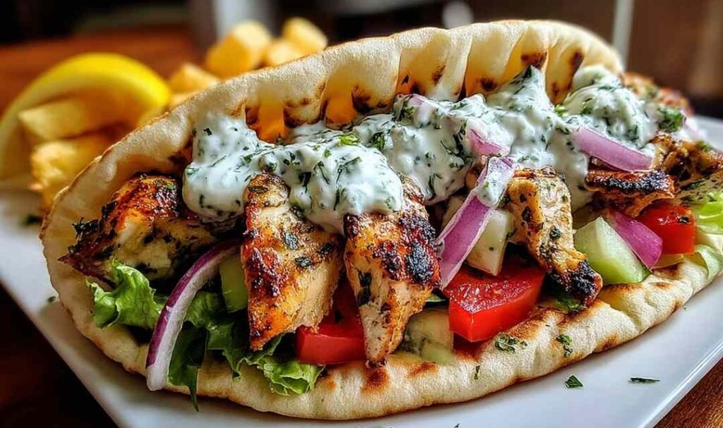 Assembled Greek Chicken Gyros with marinated chicken strips, tzatziki sauce, lettuce, tomatoes, and red onion in warm pita bread