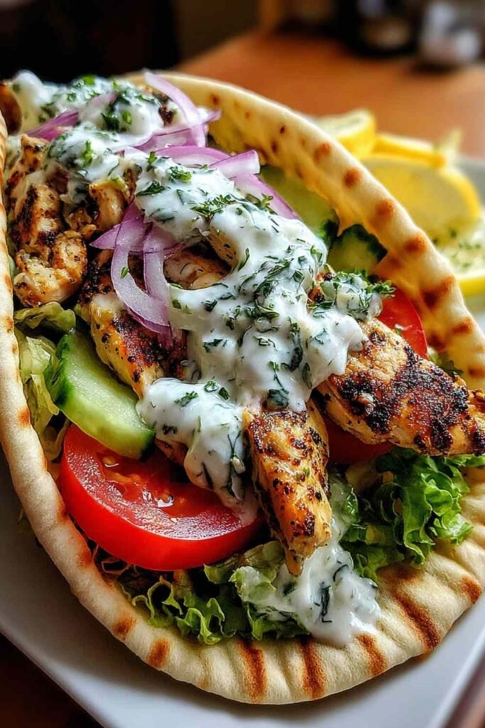 Assembled Greek Chicken Gyros with marinated chicken strips, tzatziki sauce, lettuce, tomatoes, and red onion in warm pita bread