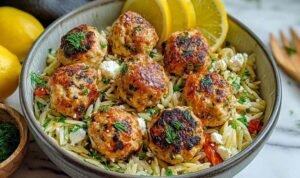 Greek Chicken Meatballs Greek Chicken Meatballs with Lemon Orzo in a cast iron skillet