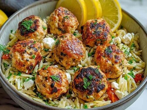 Greek Chicken Meatballs with Lemon Orzo in a cast iron skillet