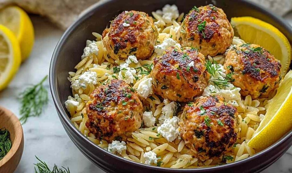 Greek Chicken Meatballs with Lemon Orzo in a cast iron skillet