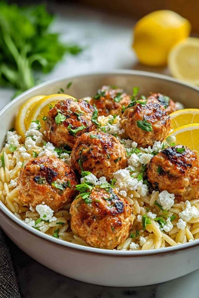 Greek Chicken Meatballs with Lemon Orzo in a cast iron skillet
