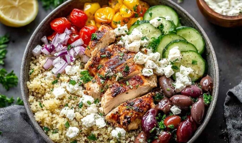 Greek Chicken Quinoa Bowl topped with grilled chicken strips, diced cucumber, cherry tomatoes, avocado, feta, and olives