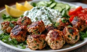 Greek Turkey Meatballs with Tzatziki ingredients mixed in a bowl