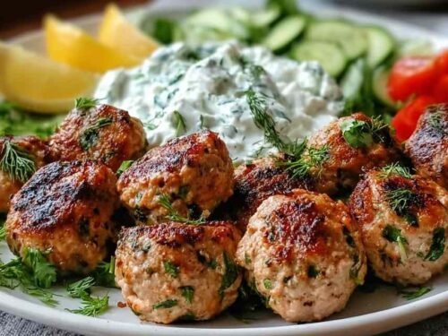 Greek Turkey Meatballs with Tzatziki ingredients mixed in a bowl