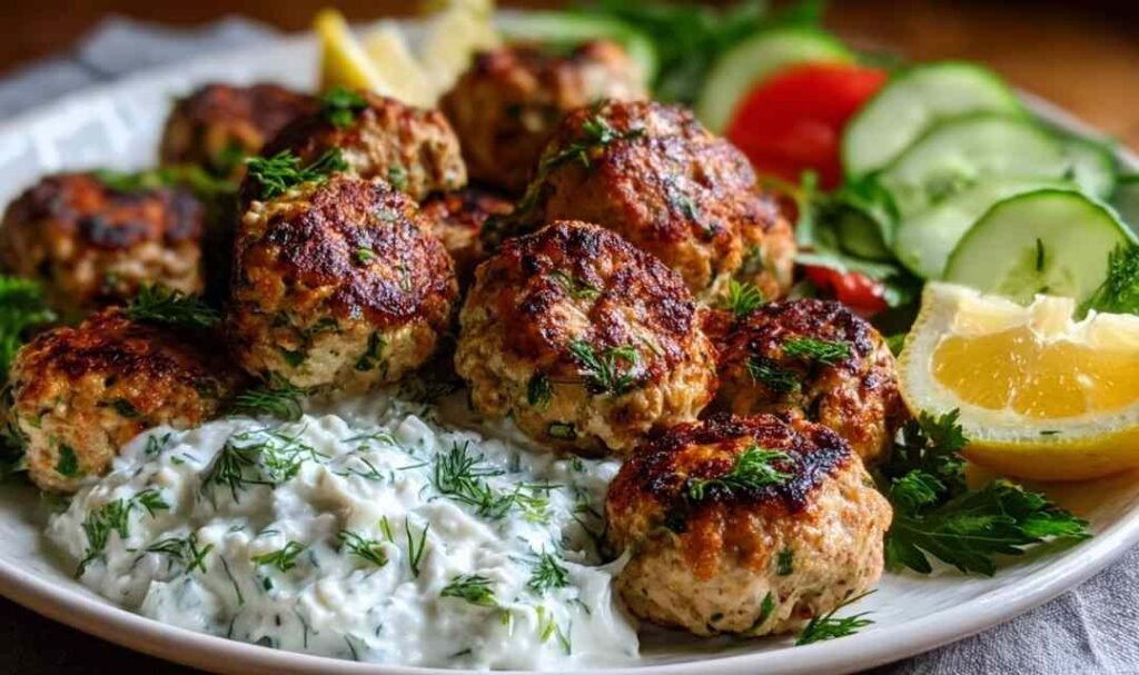 Greek Turkey Meatballs with Tzatziki ingredients mixed in a bowl