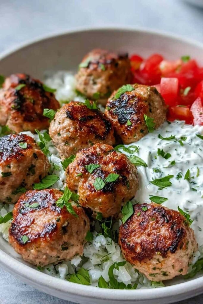 Greek Turkey Meatballs with Tzatziki ingredients mixed in a bowl