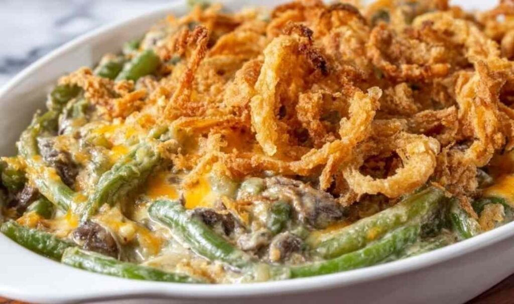 Green Bean Casserole Recipe Easy in a baking dish