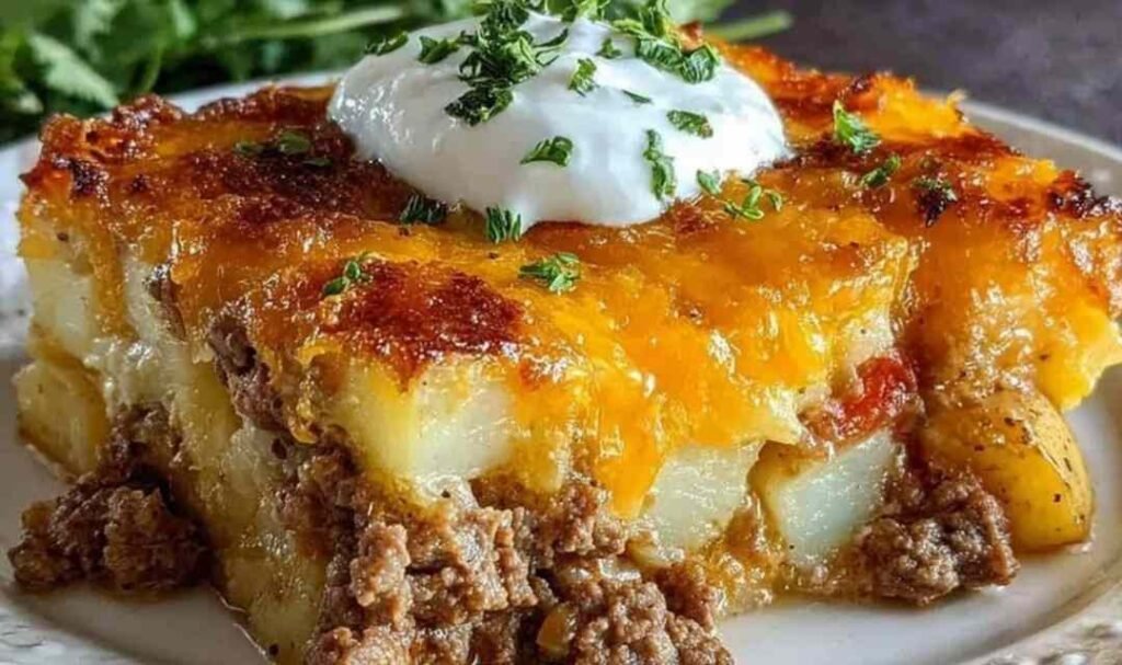 A bowl of Ground Beef Chili topped with cheese and sour cream.