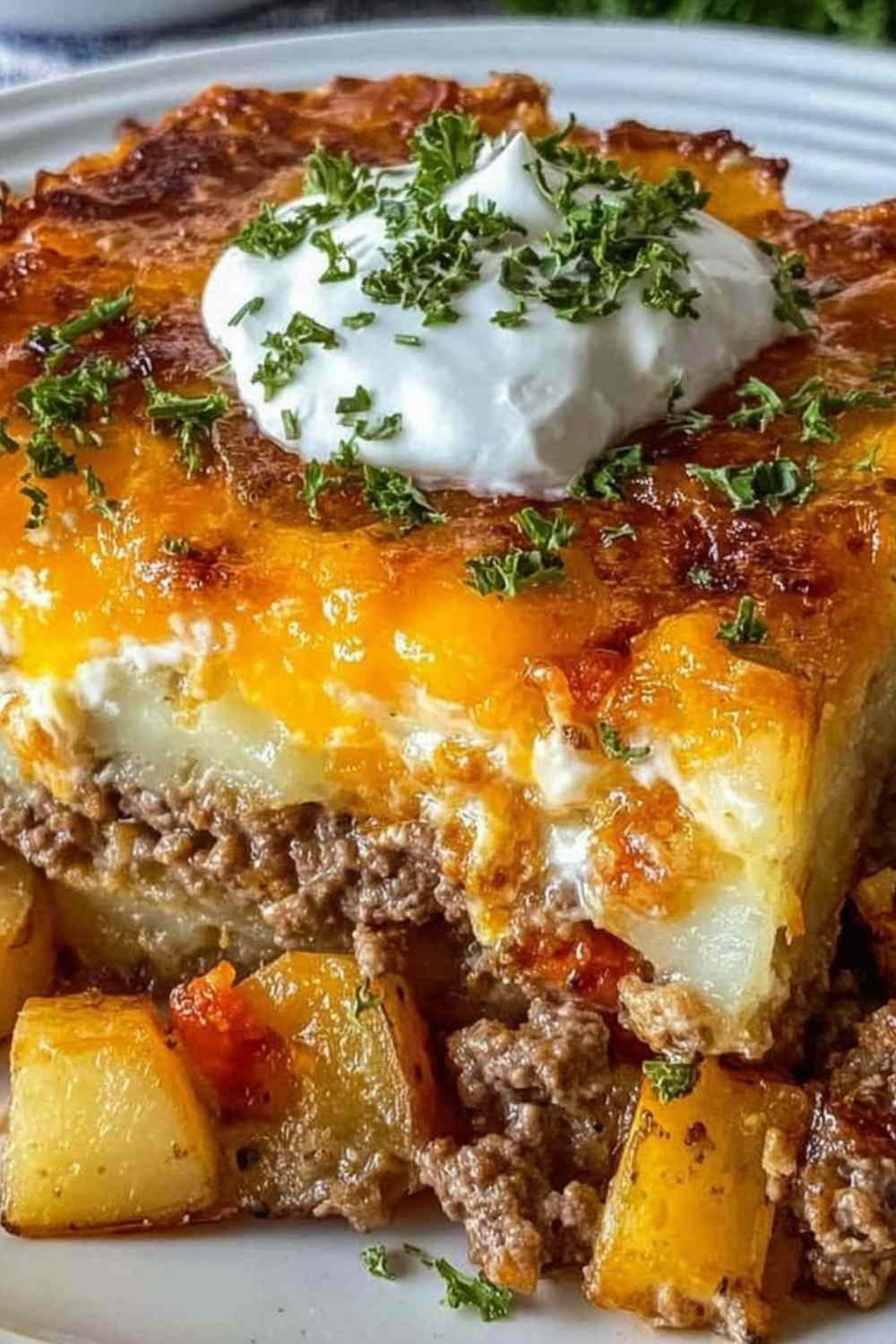 A bowl of Ground Beef Chili topped with cheese and sour cream.