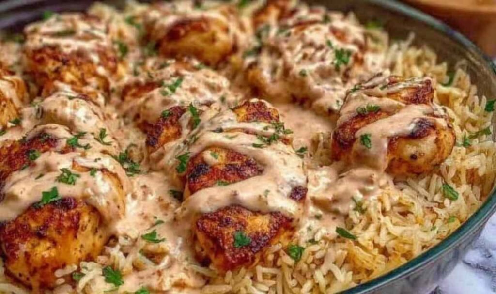 High Protein Cajun Chicken Rice in a bowl with parsley garnish