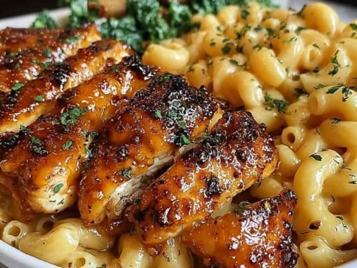 Honey Garlic Glazed Chicken Cooking Alt Text: High Protein Honey Garlic Butter Chicken with Mac & Cheese cooking in a cast iron skillet with golden honey glaze