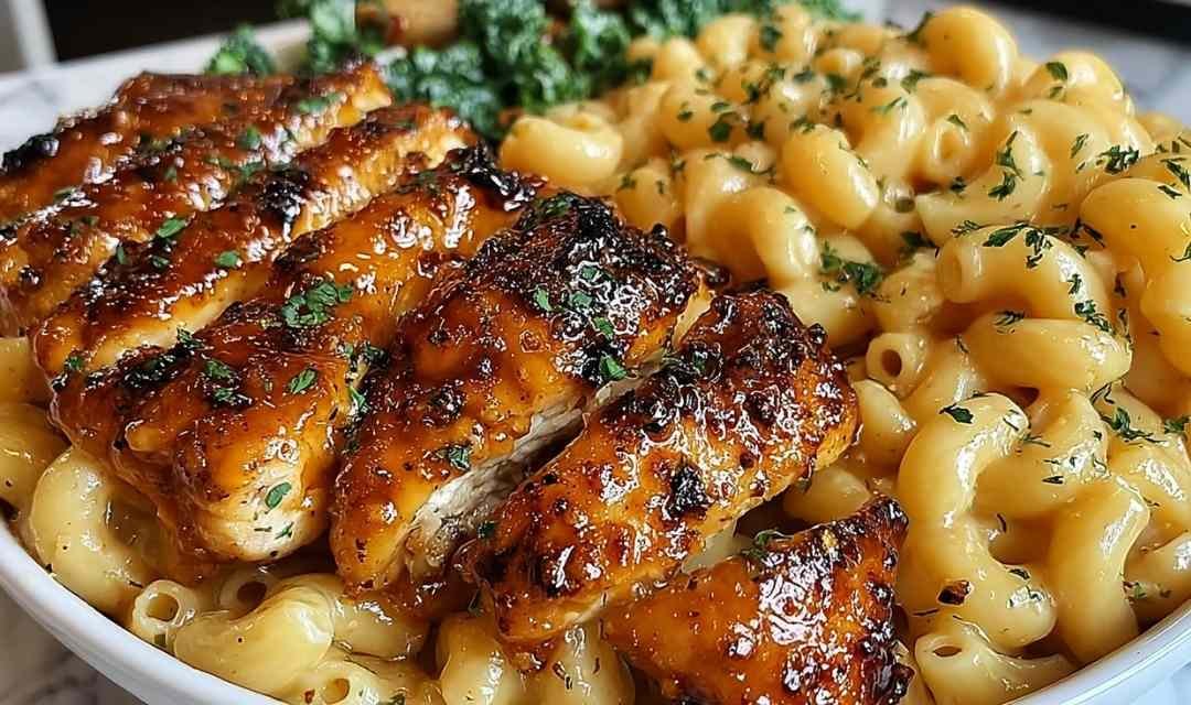 High Protein Honey Garlic Butter Chicken with Mac & Cheese