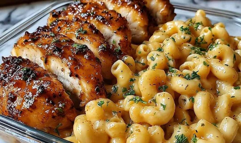 Honey Garlic Glazed Chicken Cooking Alt Text: High Protein Honey Garlic Butter Chicken with Mac & Cheese cooking in a cast iron skillet with golden honey glaze