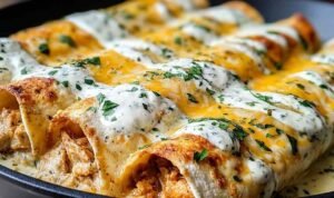 High protein chicken enchiladas in a baking dish topped with melted cheese and fresh cilantro