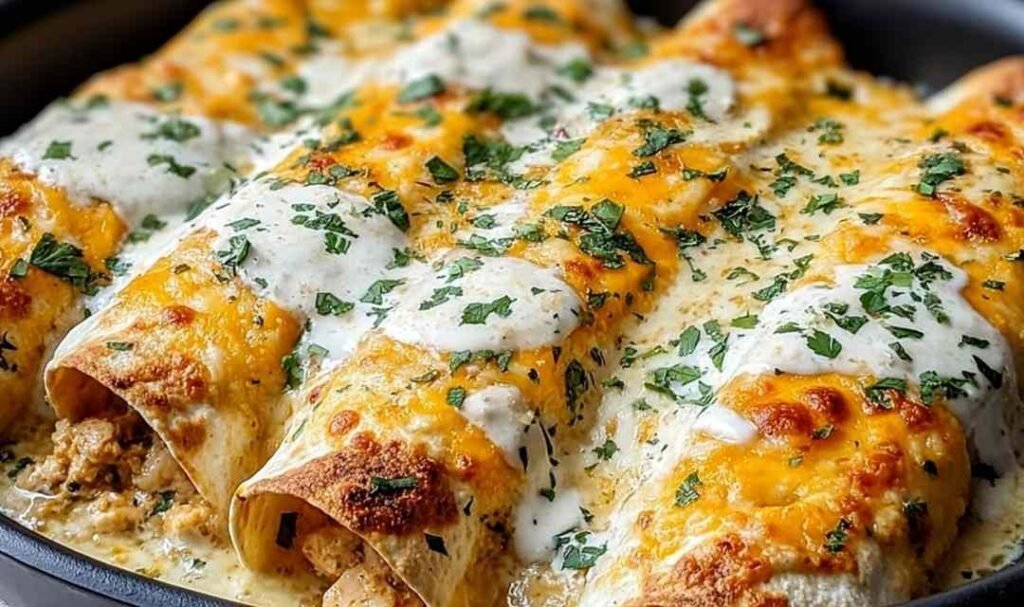 High protein chicken enchiladas in a baking dish topped with melted cheese and fresh cilantro