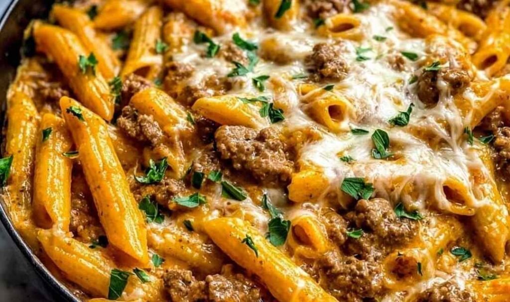 High protein creamy beef pasta served in a skillet with Parmesan and fresh parsley garnish