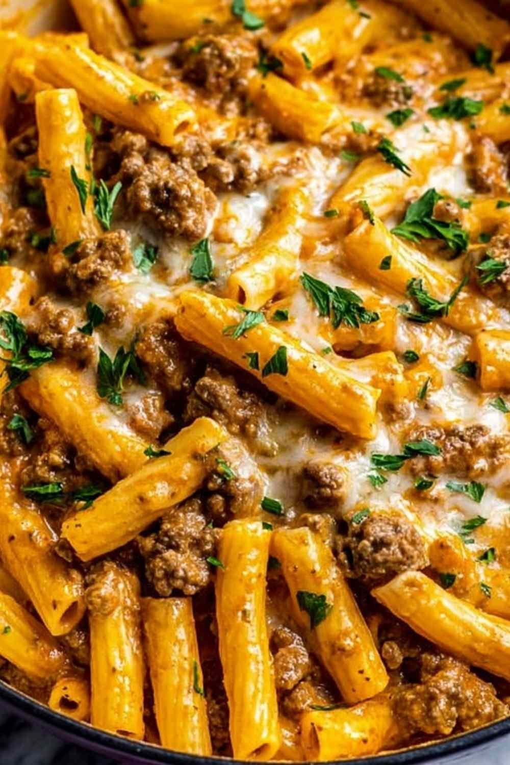 High protein creamy beef pasta served in a skillet with Parmesan and fresh parsley garnish