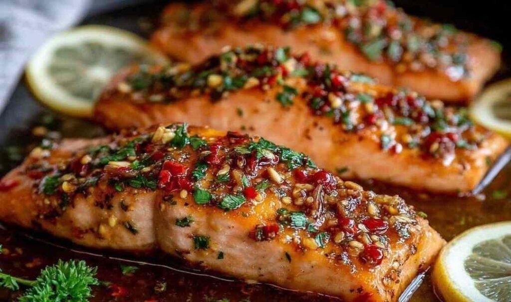 Honey garlic butter baked salmon fillets on a foil-lined baking tray with lemon slices and a golden caramelized glaze