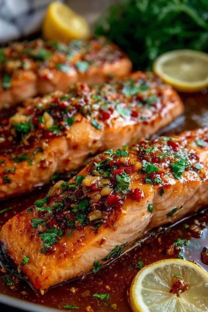 Honey garlic butter baked salmon fillets on a foil-lined baking tray with lemon slices and a golden caramelized glaze