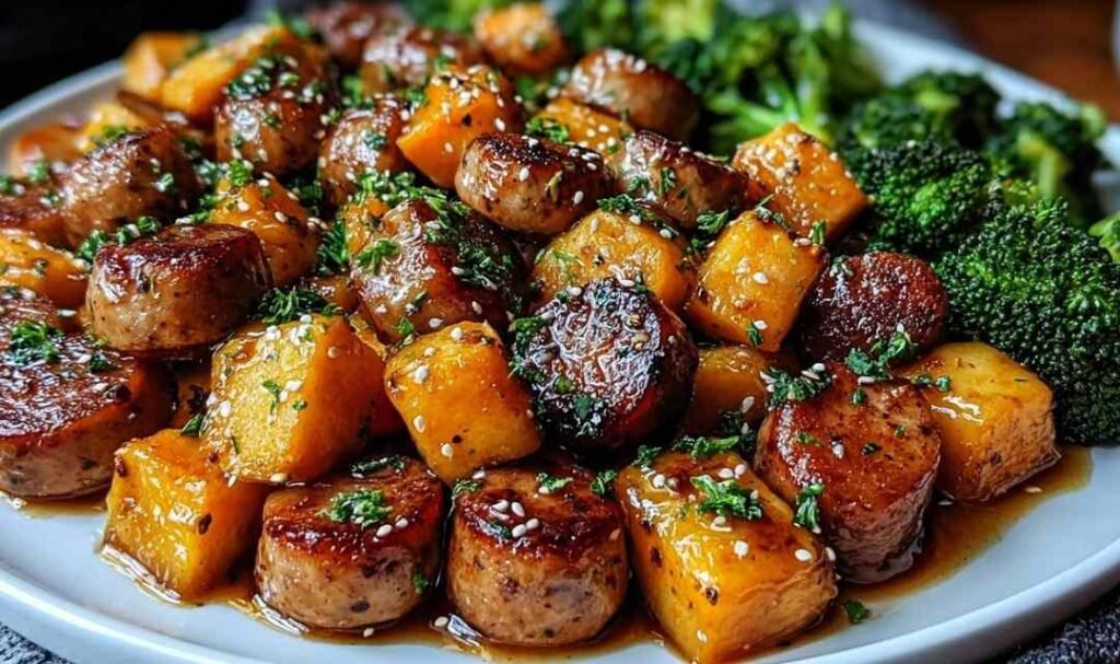 Honey Garlic Sheet Pan Sausage ingredients arranged on parchment paper
