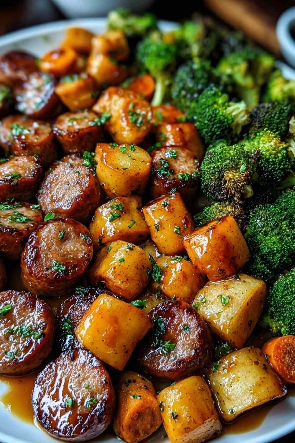 Honey Garlic Sheet Pan Sausage ingredients arranged on parchment paper