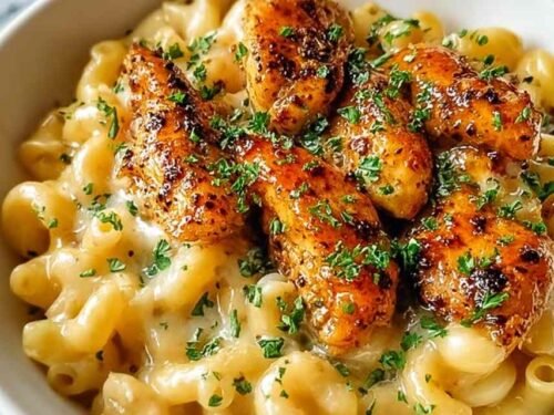 Honey pepper chicken mac and cheese served on a white plate with glazed chicken over creamy cheddar mac and cheese